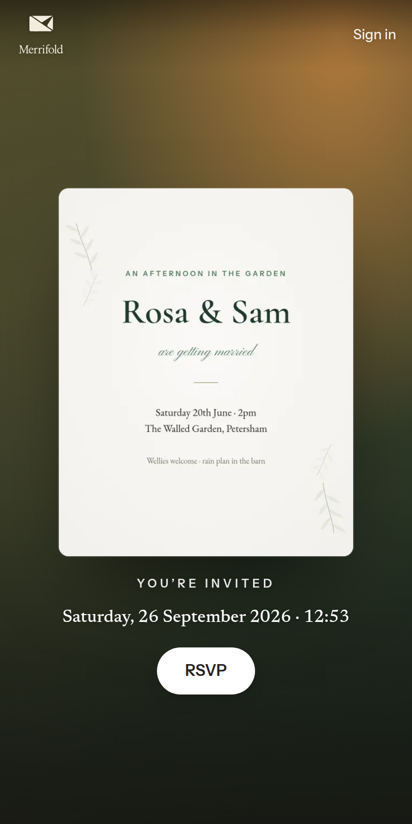 The themed event page the invitation produces — one-tap RSVP, the day’s details and a gentle gift list